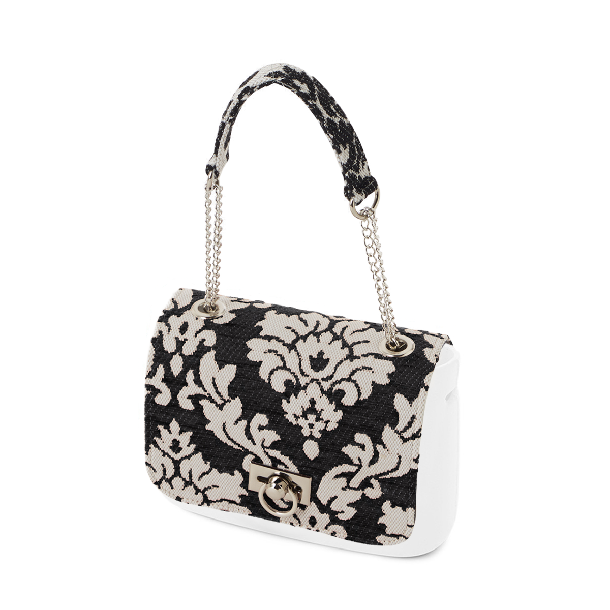 Flap O bag pocket Con tracolla catena spallaccio largo tessuto damascato ciniglia Nero