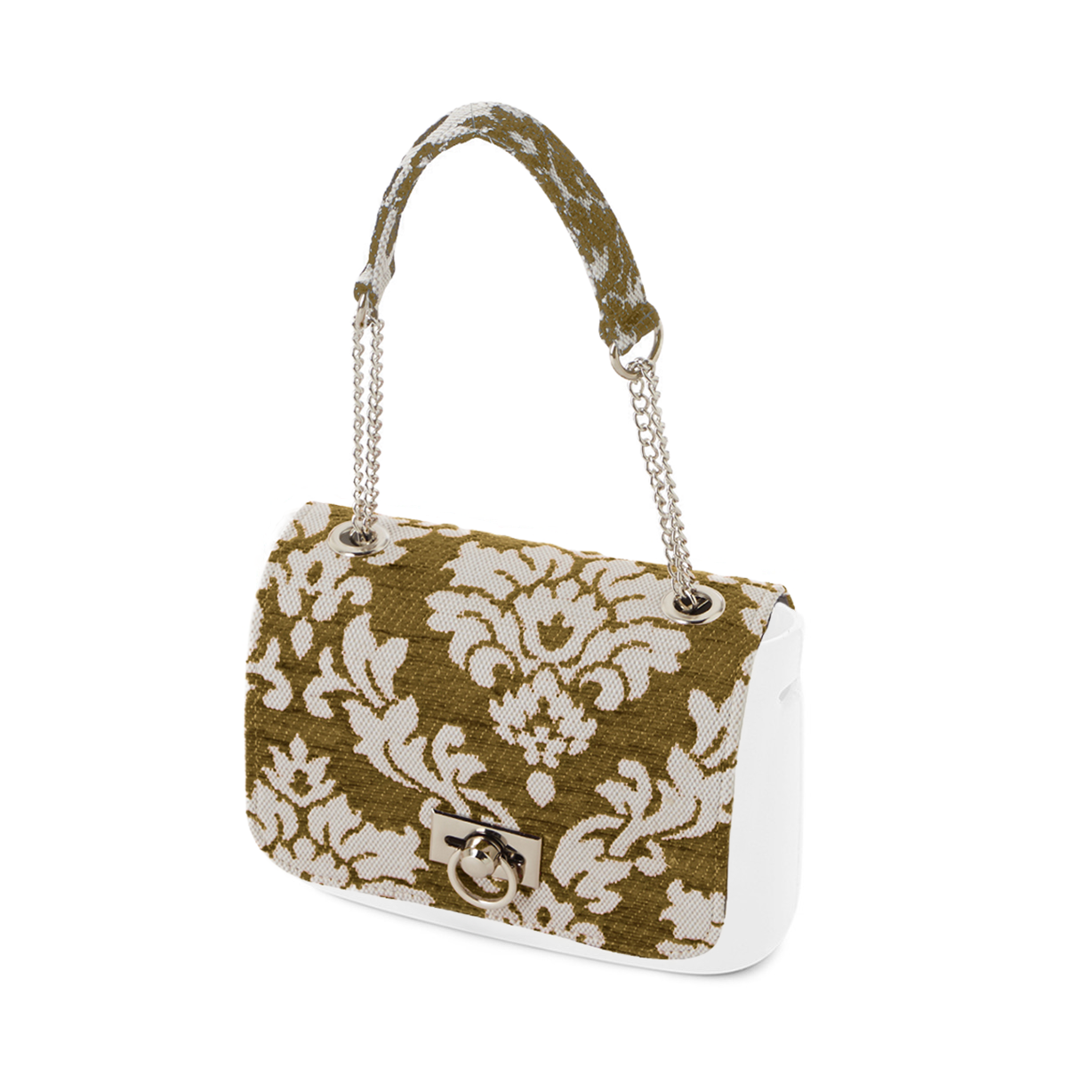 Flap O bag Con tracolla catena spallaccio largo tessuto damascato ciniglia Avocado