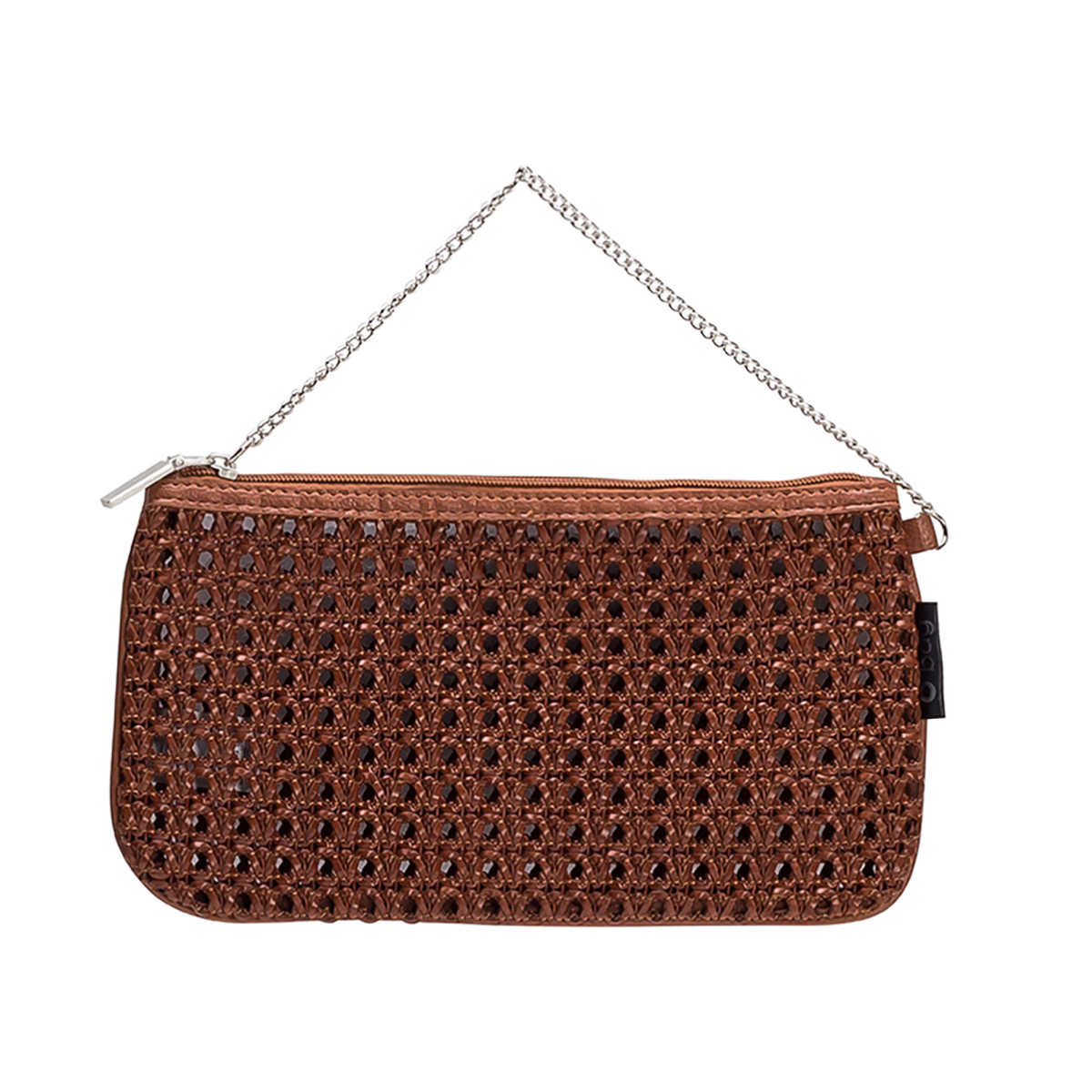 Kosmetická taška O bag Con catena tessuto traforato Cognac
