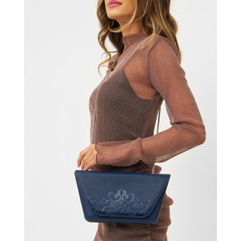 Flap O bag sheen Saffiano arabesque con catena Blu navy