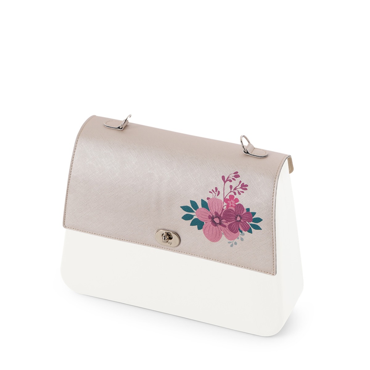 Flap O bag queen Simil pelle saffiano Flower Sabbia metal